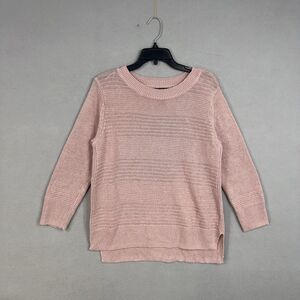 Tahari Sweater Womens Large Pink 100% Linen Pullover 3/4 Sleeve Slit Hem Knit